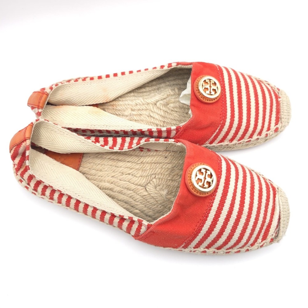 Tory Burch Striped Canvas Espadrilles Red Cream Logo Round Toe Flat Shoes 8 - Picture 10 of 10